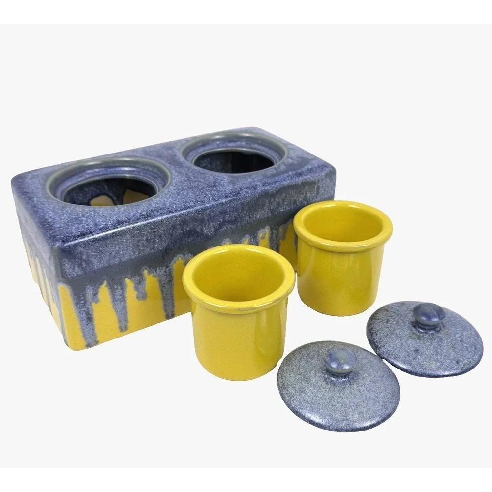 Ceramic Vanity Organizer Sink Caddy Lidded Jars Blue Drip Glaze on Yellow
